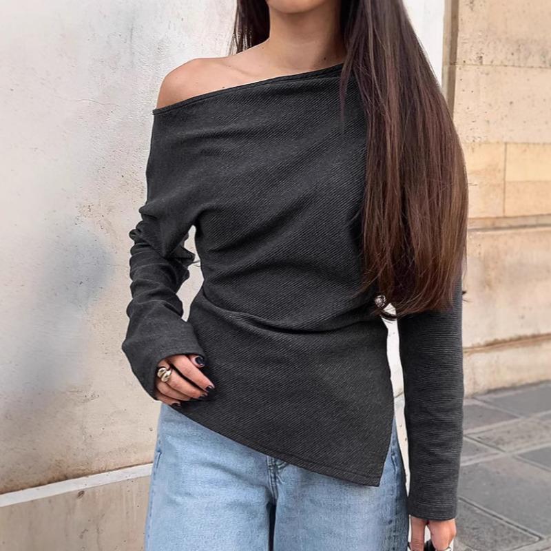 Women S Off Shoulder Knit T Shirt Long Sleeve Solid Color Pullover