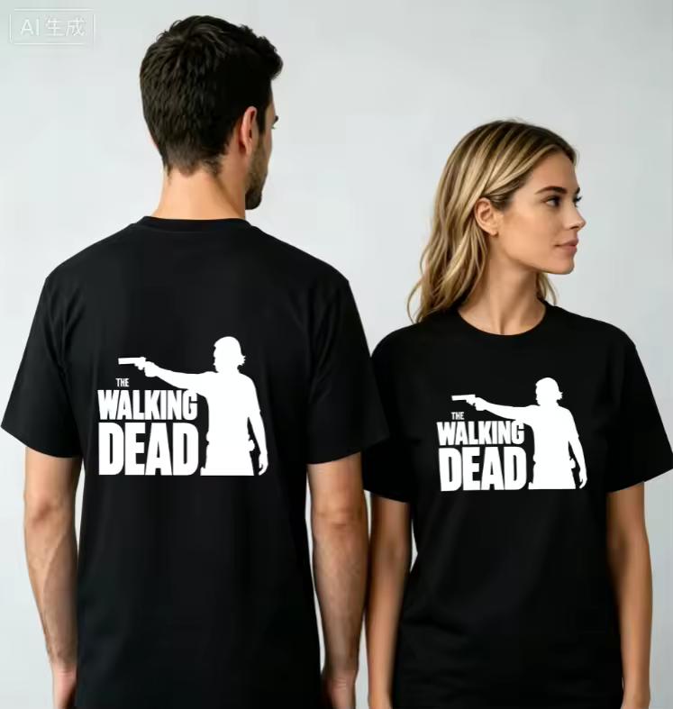 2026 new Neutral style black round-neck T-shirt with white gun-hand logo print, casual and loose cotton T-shirt