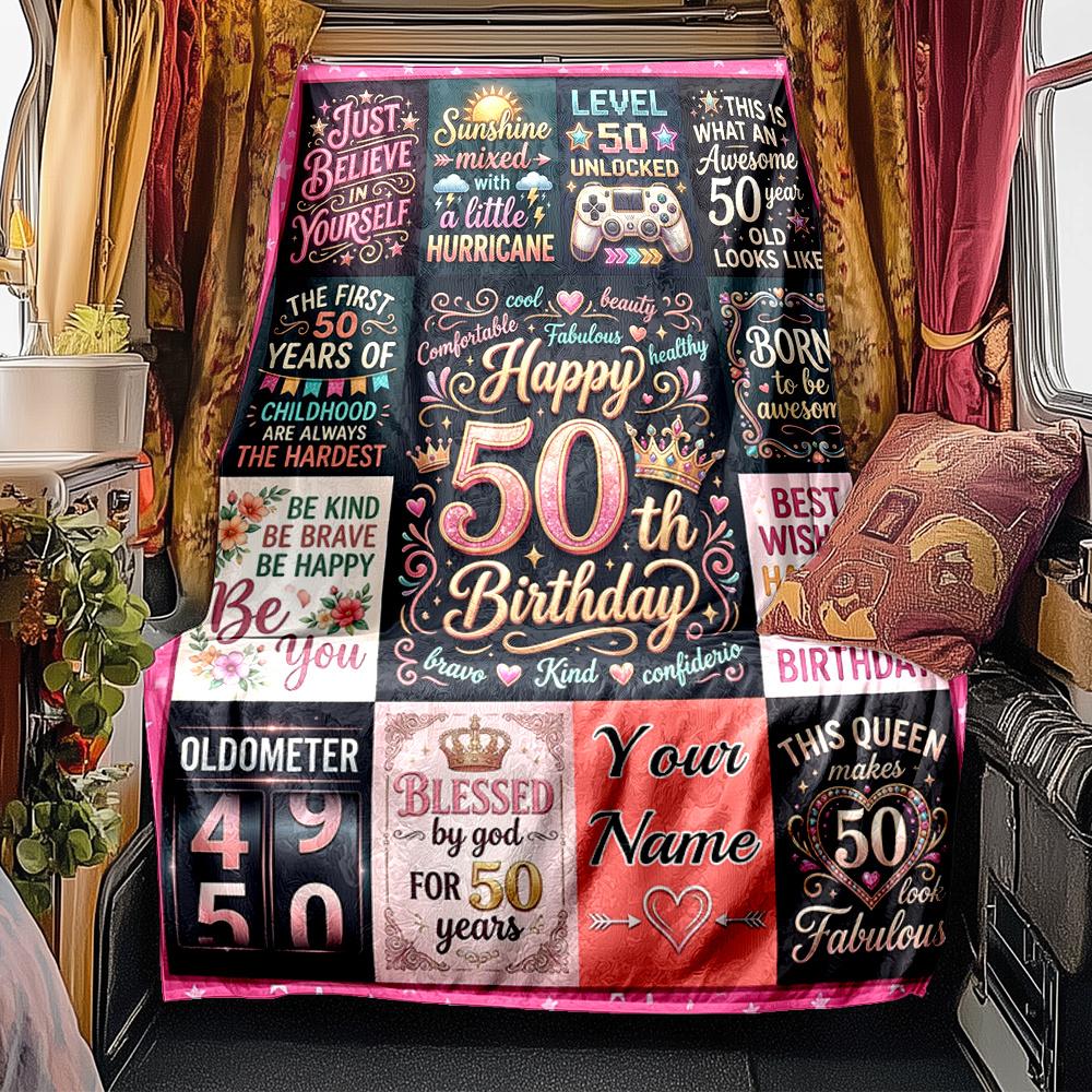 Happy 50Th Birthday Customizable Blanket Customize Text Comfortable Suitable For Picnics Outdoor Travel And Camping Sofa Office For All Occasions