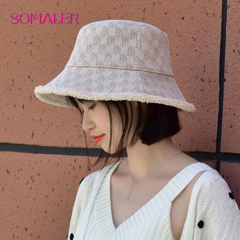 SOMALER Зимние теплые панамы для женщин, шляпа-ведро в стиле Харадзюку, однотонная шляпа рыбака для рыбалки, осенне-зимняя теплая панама из овечьей шерсти, уличная теплая кепка для женщин