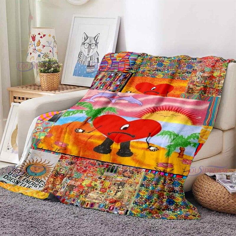 Одеяло с рисунком Bad Bunny, фланелевые одеяла, теплые плюшевые флисовые одеяла в стиле поп-латиноамериканской музыки для взрослых, диванное постельное белье, всесезонное