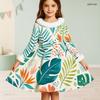 Girls High Neck Long Sleeve Avocado Printed A Line Flared Dress With Fuzzy Collar Cuffs And Bow Waist