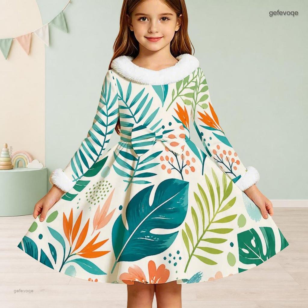 Girls High Neck Long Sleeve Avocado Printed A Line Flared Dress With Fuzzy Collar Cuffs And Bow Waist