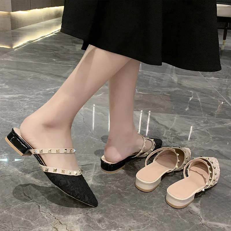 Женские босоножки на массивном каблуке с острыми заклепками, полутапочки Baotou, женские пикантные сандалии из мягкой кожи, тапочки с острым носком на низком каблуке