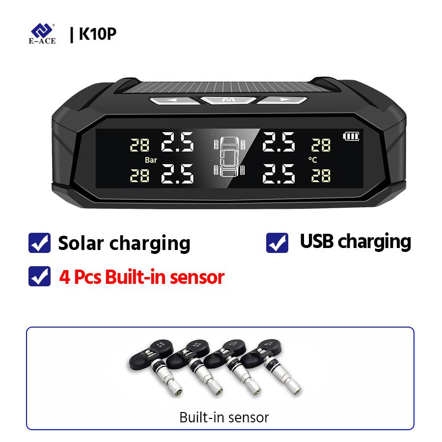 E-ACE K10 Солнечная TPMS Автомобильная система сигнализации давления в шинах Система контроля температуры шин Цифровой дисплей Автоматические системы охранной сигнализации с 4 датчиками