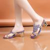 Summer New 2024 Rhinestone Slippers Ladies Chunky Heels Hollow Casual Slippers Fashion Beach Shoes Woman Sandalias