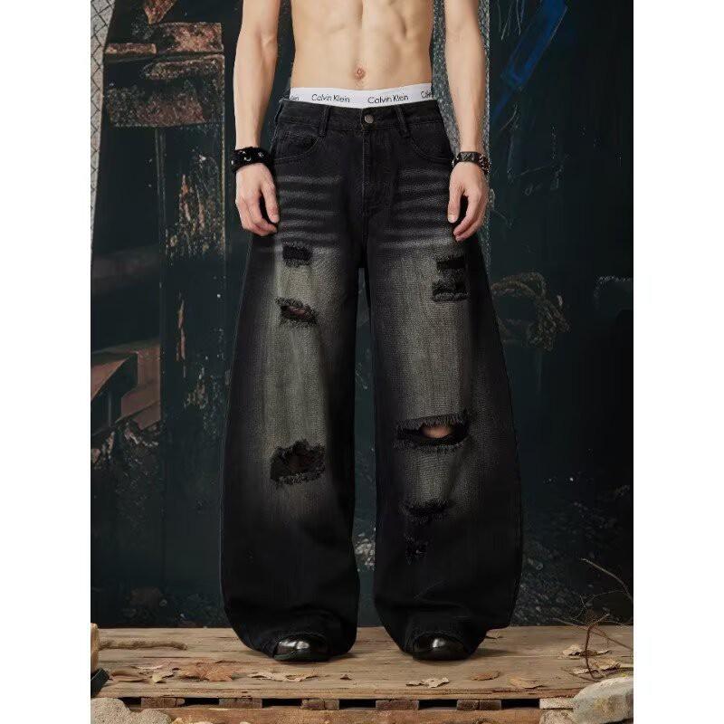 Plus Size Black Distressed Wide Leg Jeans Women High Waist Straight Cut Denim Pants Casual Streetwear Style