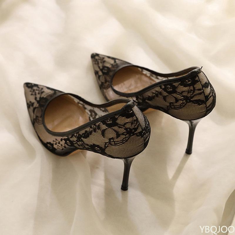 Женская обувь Дышащая кружевная сетка Сексуальные высокие каблуки Дизайнерская ниша Темперамент Остроносые тонкие туфли-лодочки Универсальные однотонные