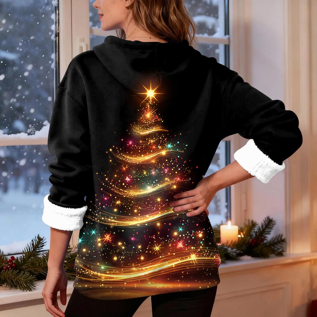 Women's Casual Fashion Plus Velvet Thickened Christmas Print Hooded Sweatshirt