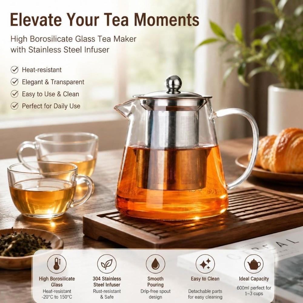 High Borosilicate Clear Glass Tea Maker Heat Resistant Coffee Tea Pot Glass Teapot Dishwasher Safe