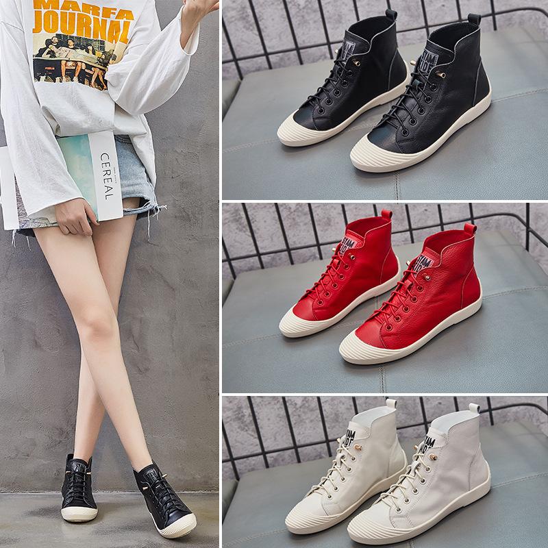 Red High-top Short Boots Women's Leather Autumn and Winter New Single-sided Flat-bottomed Shell-head Single Shoes Casual Four-season White Shoes Tide
