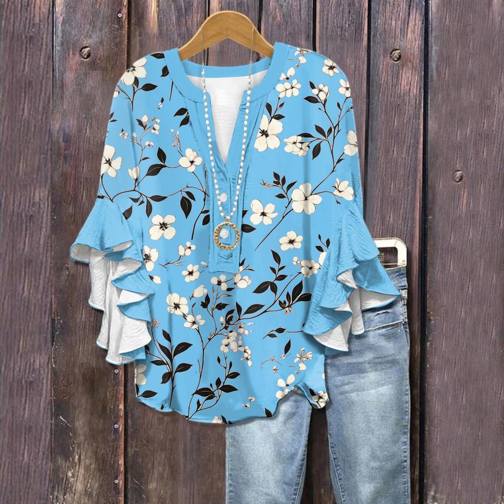 Summer Tops For Women Cute V Neck 3/4 Sleeve Blouses Floral Print Top Casual Shirts
