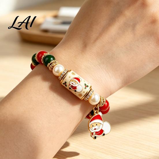 Reindeer Theme Bracelet Christmas Bracelets for Women Beaded Charm Stretch with Card Holiday Jewelry Gift Stocking Stuffers Party Accessory Women