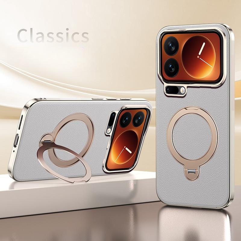 Гальванизированный кожаный магнитный чехол для iPhone 17 Pro Max 16 15 14 13 Для Magsafe 360 Вращающаяся подставка Ударопрочная матовая задняя крышка