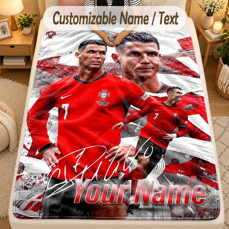 Flannel BlanketCristiano Ronaldo Custom Name Text Personalized Soft Warm Throw Blanket Home Decor Gift