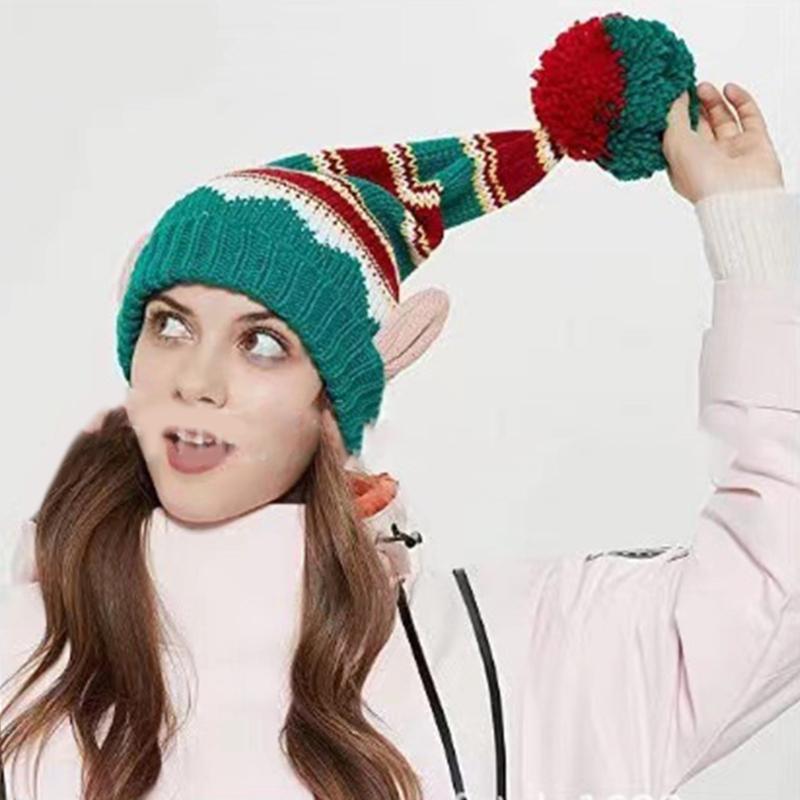 Knit Christmas Hat Christmas Beanie Hat PomPoms Hat Knitted Beanie Hat Warm Skull Hat Christmas Party Hat Adult/Kid