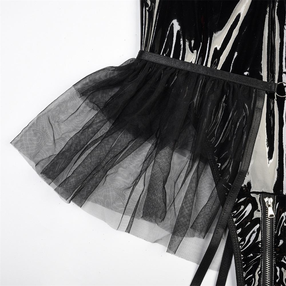 Aduloty Женское нижнее белье, сексуальное, из искусственной кожи, из лакированной кожи, в сетку, с шеей, пончо, юбка с подвязками, боди, одежда, перспективный комплект нижнего белья