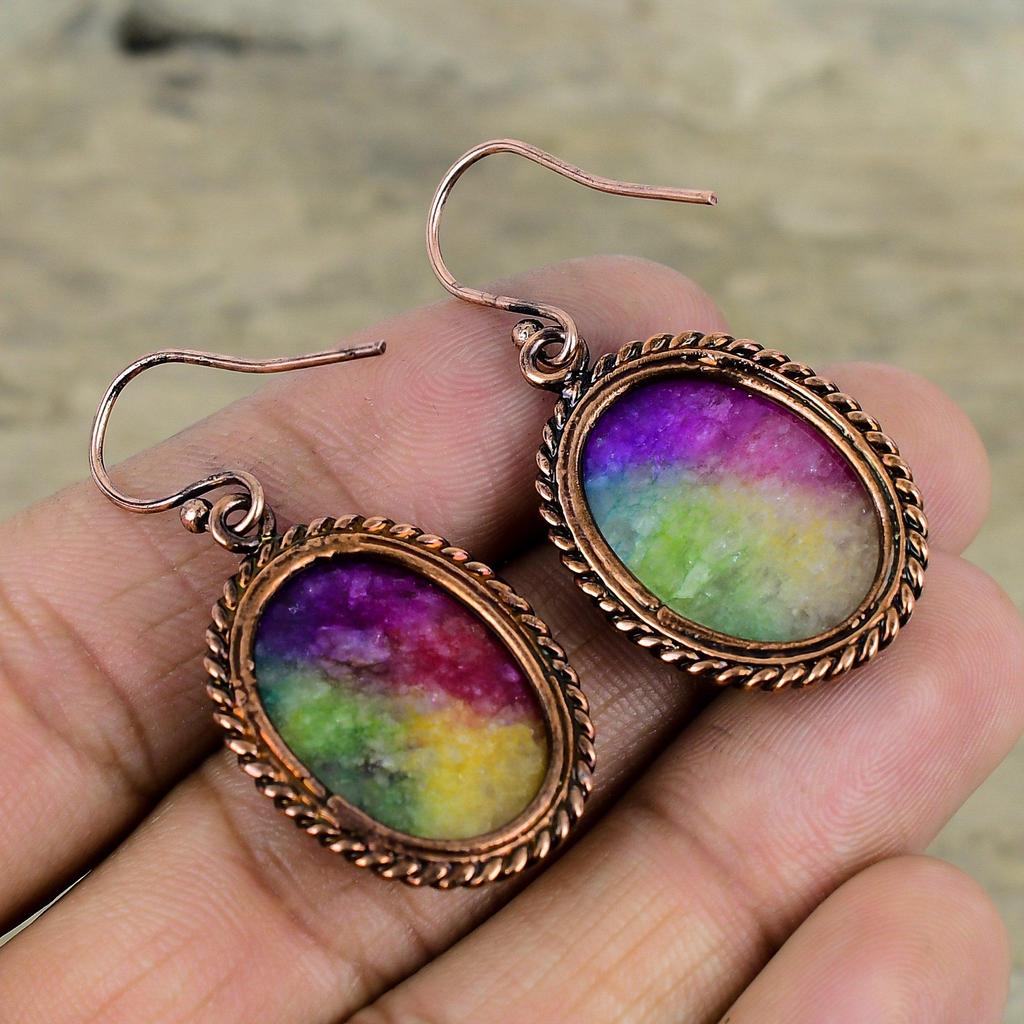 Радужный солнечный кварц друзы серьги гальванопластика медные серьги драгоценный камень серьги ручной работы очень красивые гальванопластика ювелирные изделия подарки для мамы