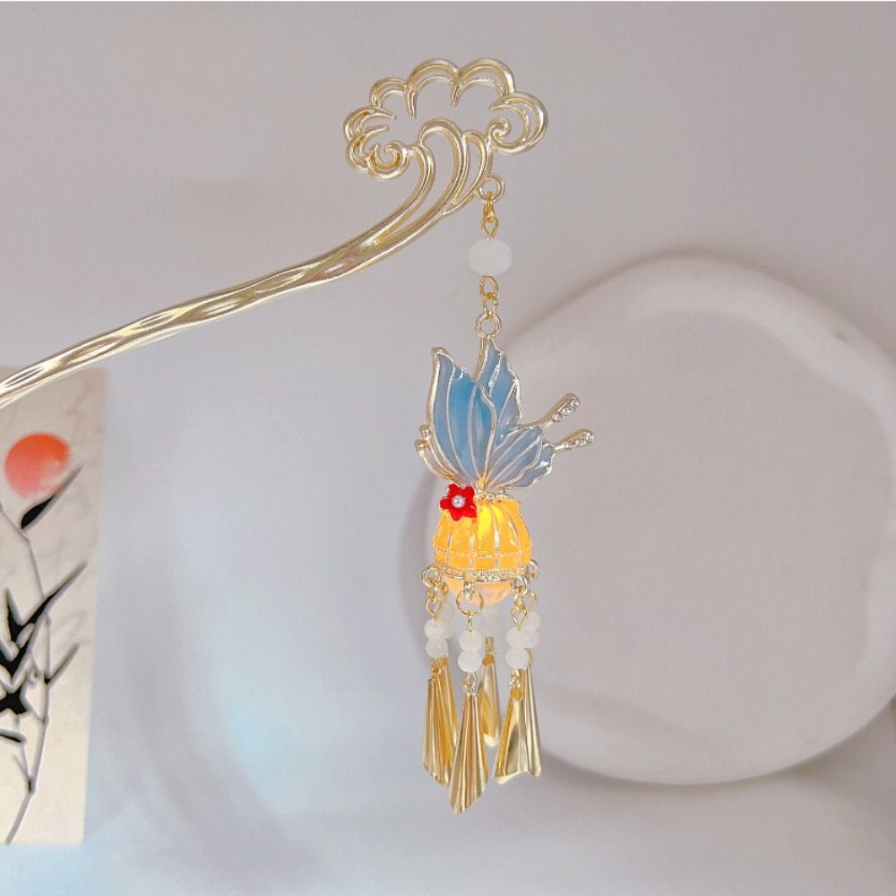 LED Light LED Lantern Tassel Hair Stick Pearl Hanfu Hair Clip Antique Butterfly Hairpin Women