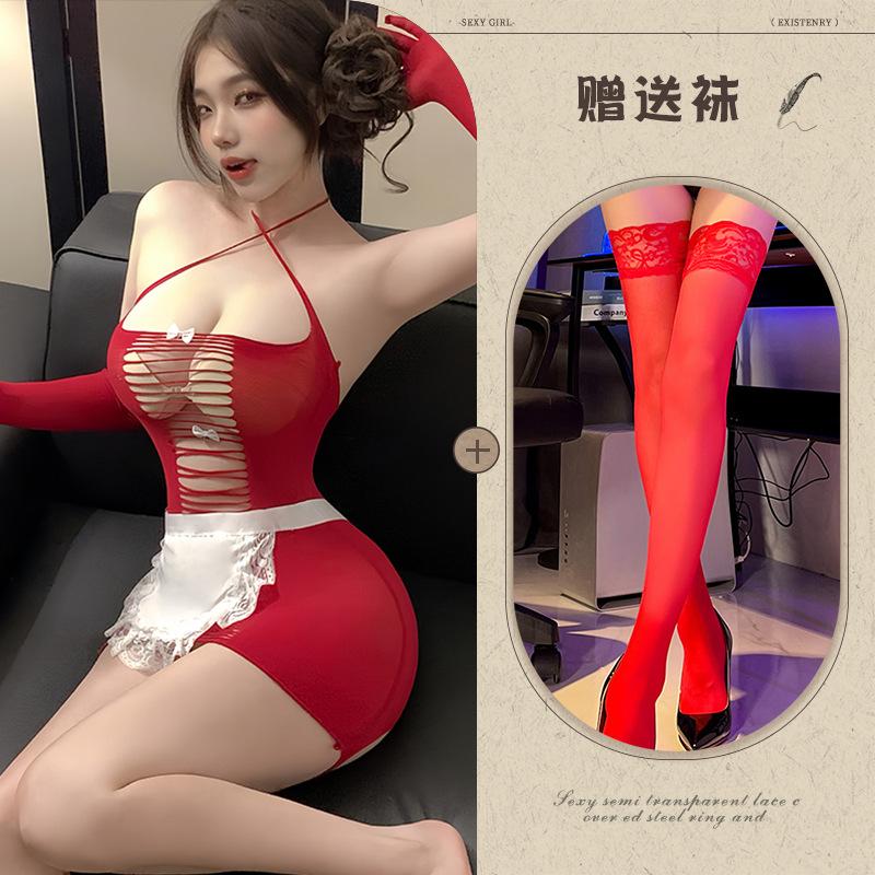 Tear-off pretty mesh suit, perspective open-cut flirting uniform, seduction, lingerie, buttocks, maid