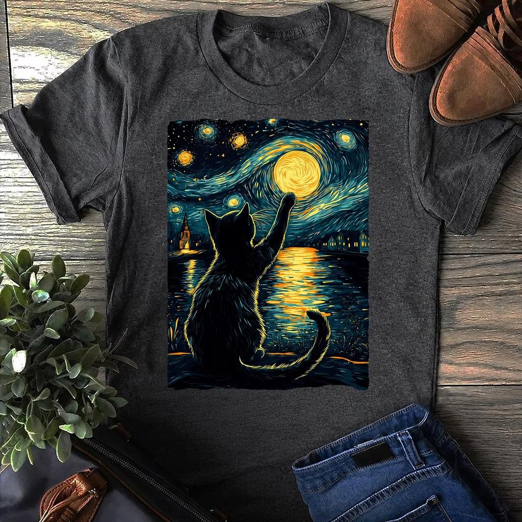 Starry Night Cat Tshirt Vincent Van Gogh Style Black Cat Lover Gift Printed Pure Cotton Tshirt Unisexs And Unisexs T Shirt
