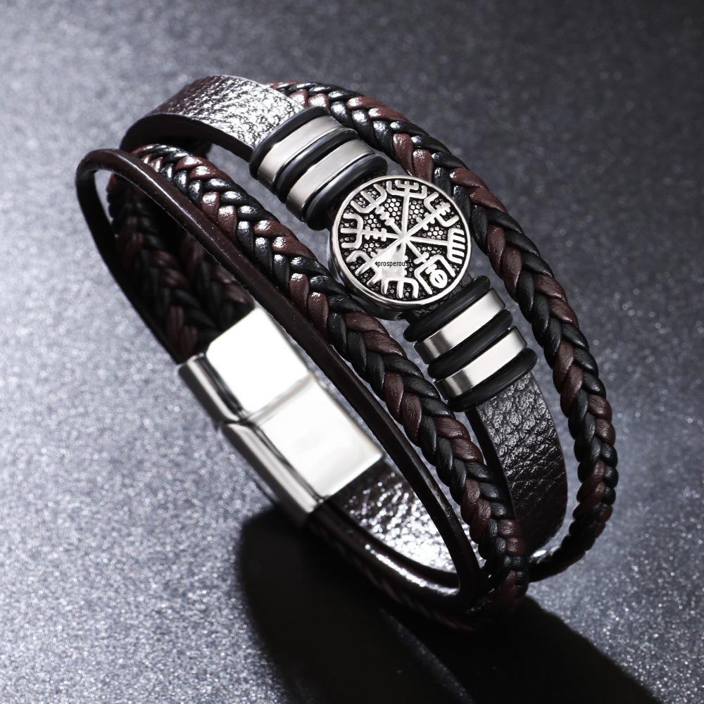 Multi-layer Punk Style Braided Leather Bracelet with Compass