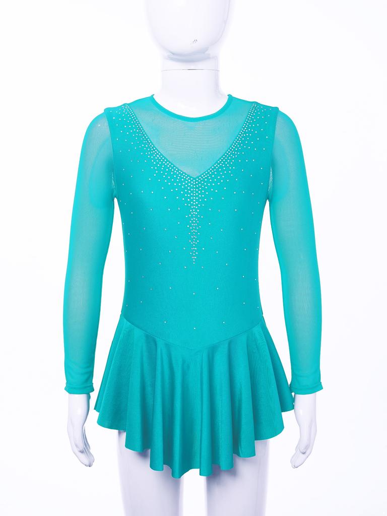 Kids Girls Stylish Dress Long Sleeve Sparkly Rhinestone Patchwork Style Gymnastics Leotard Dress Dancewear