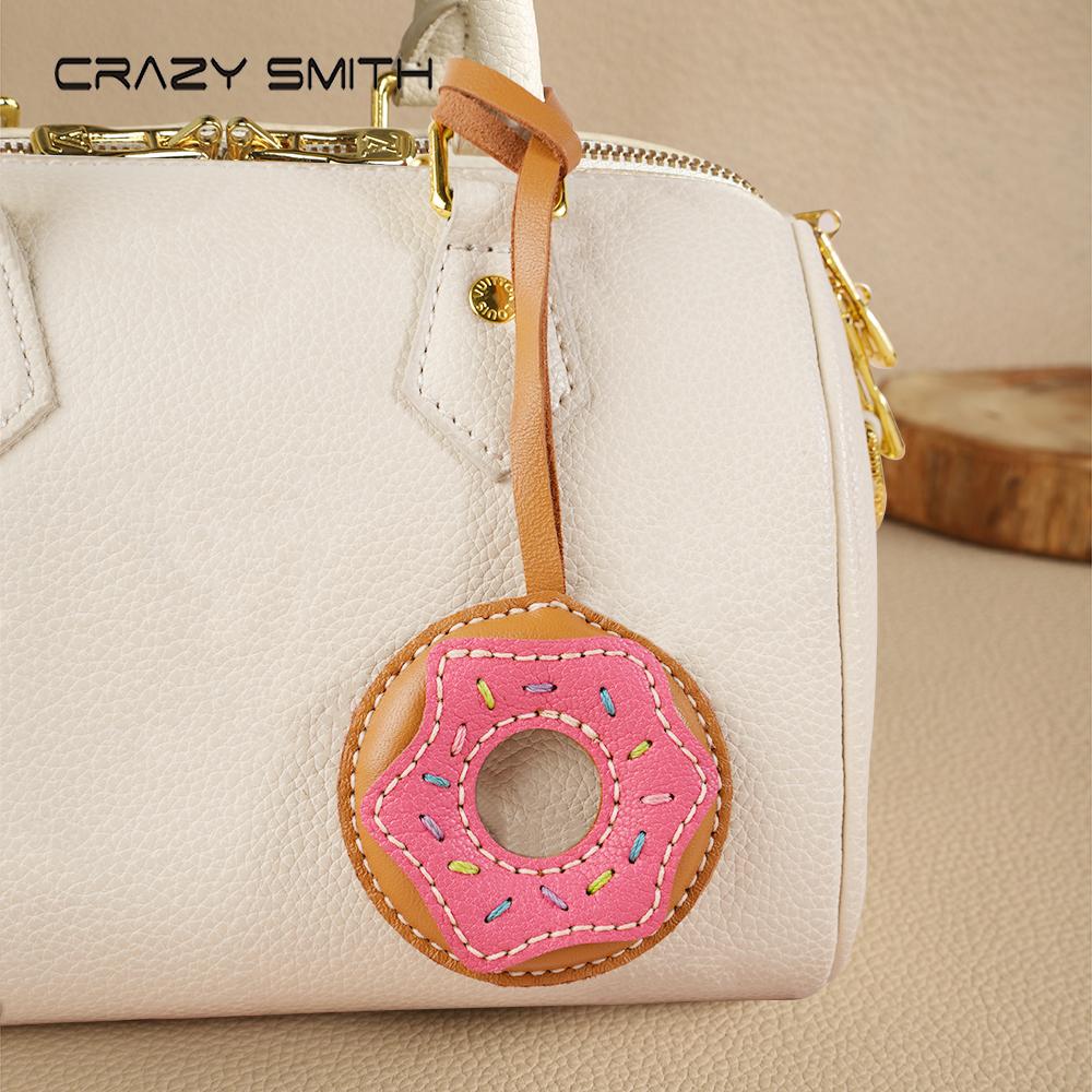 CRAZYSMITH Handmade Donut Bag Pendant Genuine Leather Bag Keychain For Handbags Interesting Stylish Leather Bag Accessories