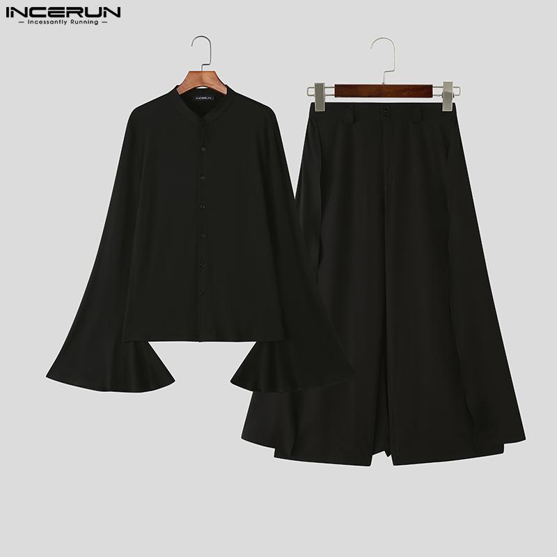INCERUN Мужские рубашки с длинным рукавом и расклешенным низом, комплекты брюк с широкими штанинами, наряды из двух частей