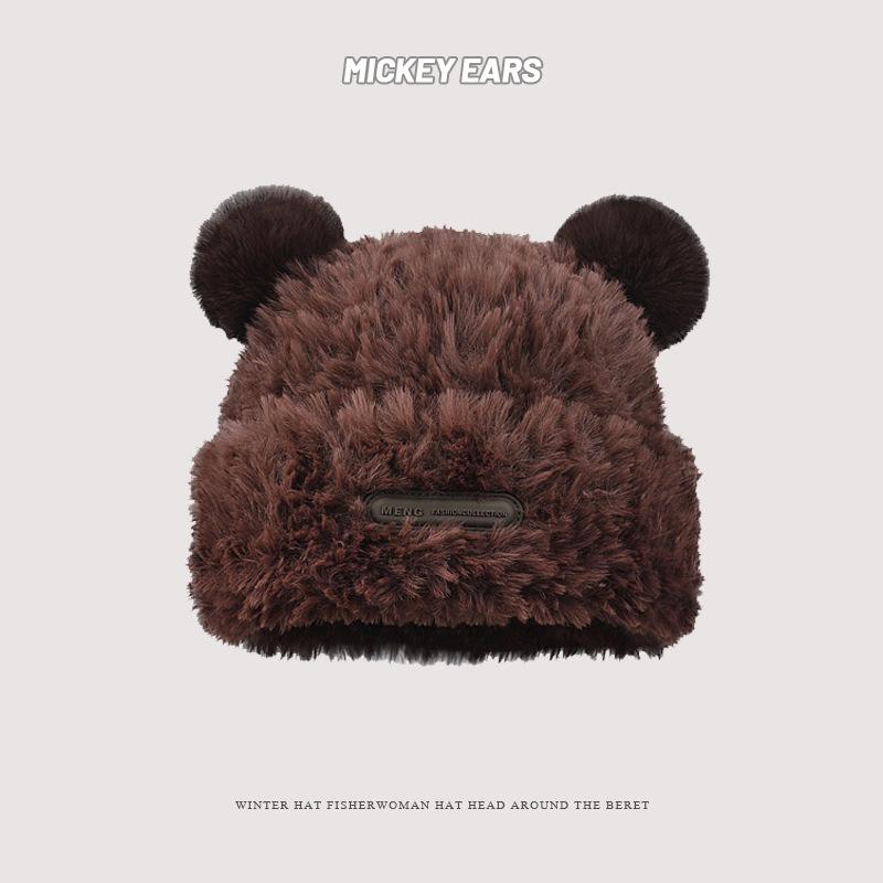 Милая шапка с медвежьими ушками для женщин, зимняя теплая мягкая плюшевая вязаная шапка, модная и универсальная шапка из шерсти с защитой ушей