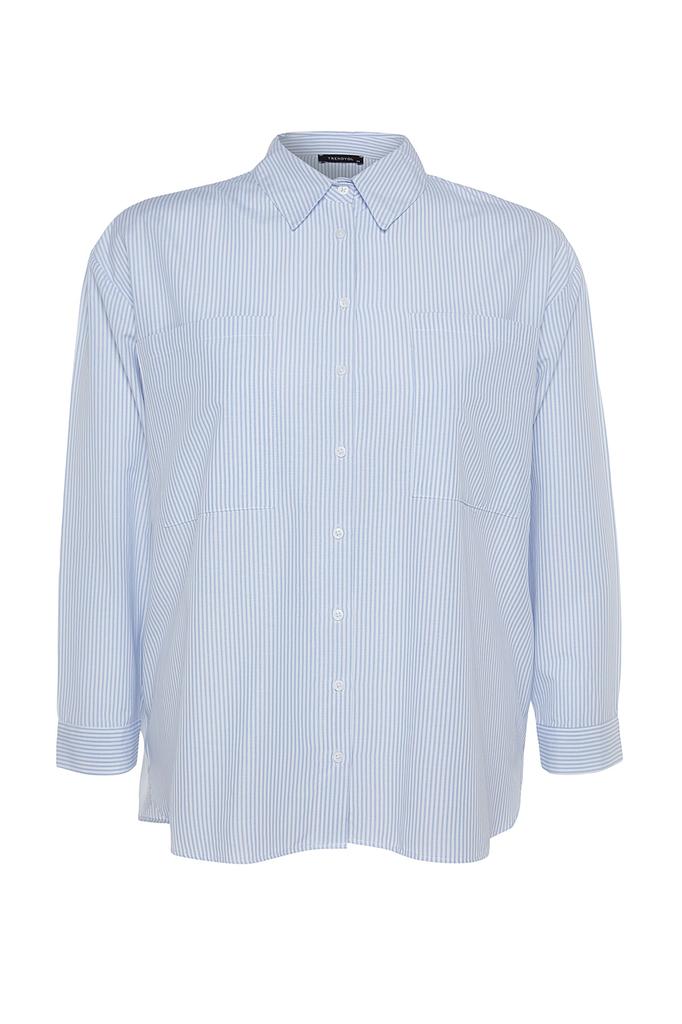 Women's Style Plus Size Blue Striped Poplin Shirt
