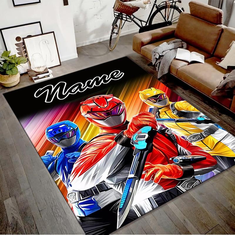 Custom Mighty Morphin Power Rangers Mat Personalized Name, Polyester Washable Indoor Entryway Rug, Gift for Christmas, Easter, Thanksgiving Day