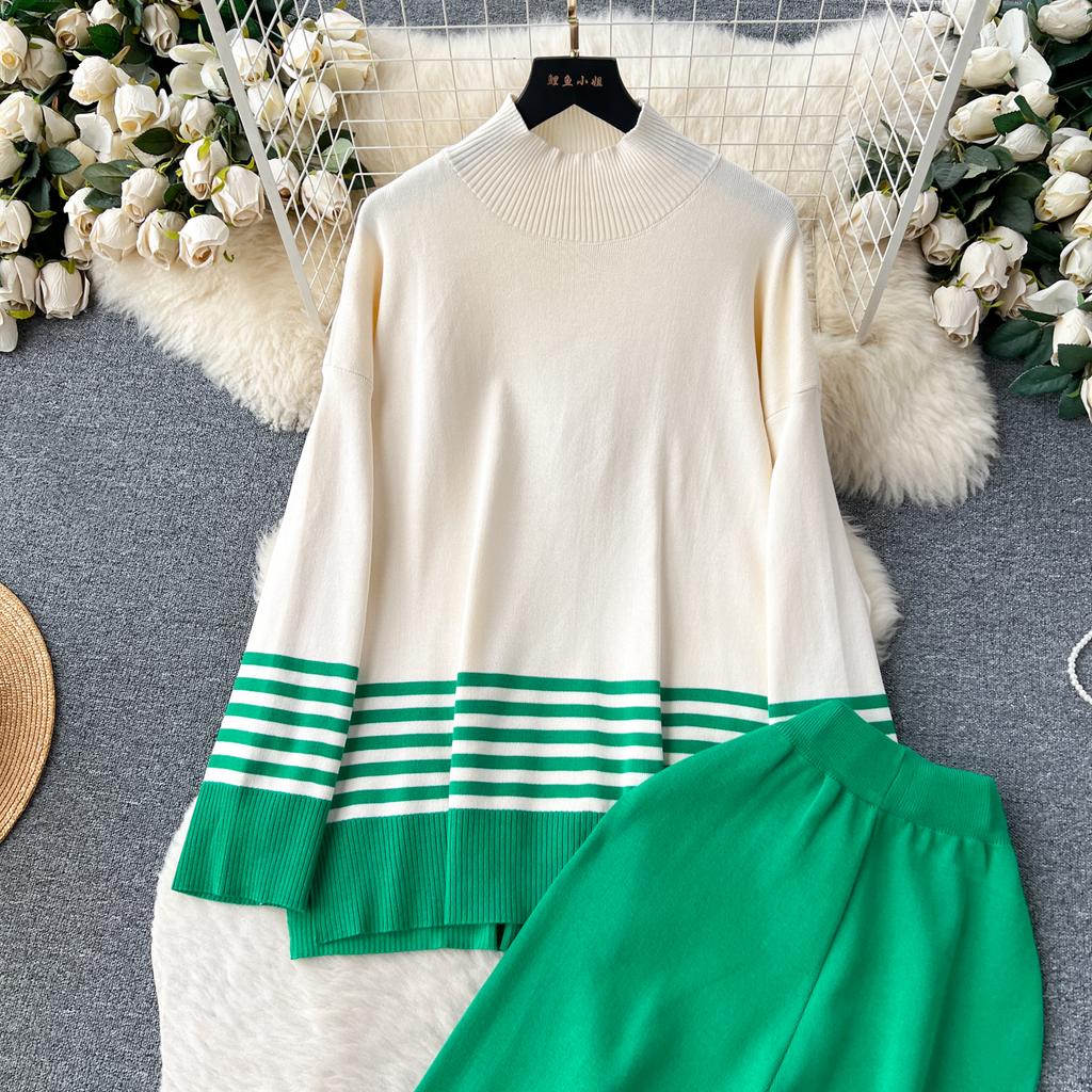 Осень-весна повседневные трикотажные комплекты с высоким воротником в полоску пуловер с разрезом + широкие длинные брюки женский модный свободный костюм-свитер