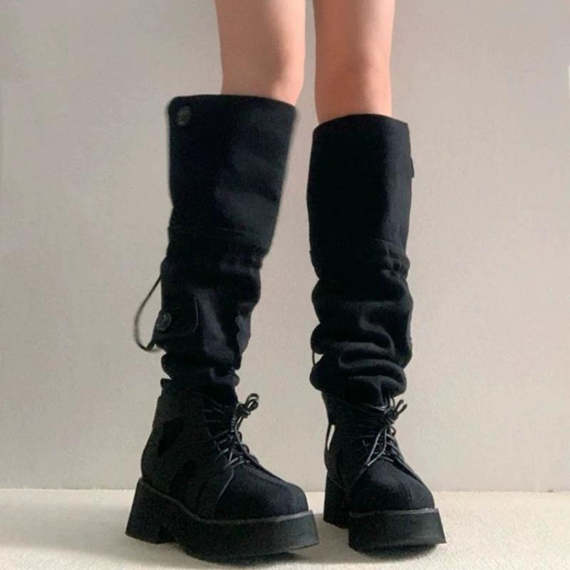 Женские сапоги, длинные, на платформе, черные туфли для женщин, зимние, до колена, с квадратным носком, вестерн-панк, сапоги Gyaru 2024 года, новые, популярные