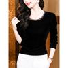 New Velvet Round Neck Long Sleeve Bottom with Fashionable Beaded T-shirt Female Mother Pullover Top
