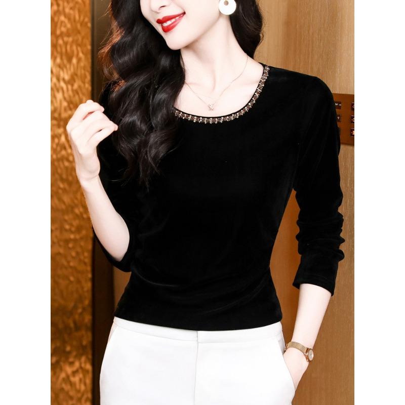 New Velvet Round Neck Long Sleeve Bottom with Fashionable Beaded T-shirt Female Mother Pullover Top