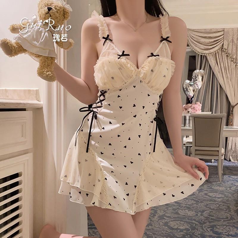 Sexy Lace Slip Nightdress Set Women Plus Size Deep V Neck Satin Lingerie Home