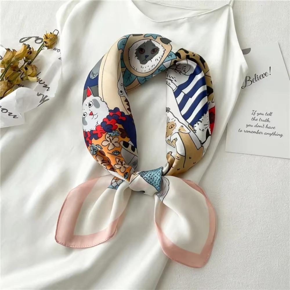 Retro Cartoon Cat Head Wrap Headband Imitation Silk Women Neckerchief Spring and Summer