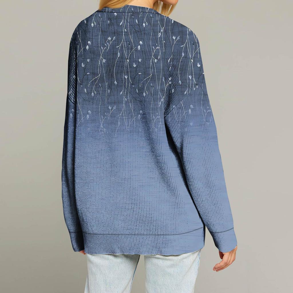 Women's Fashion Long Sleeve Print V-Neck Button Loose Cardigan Top