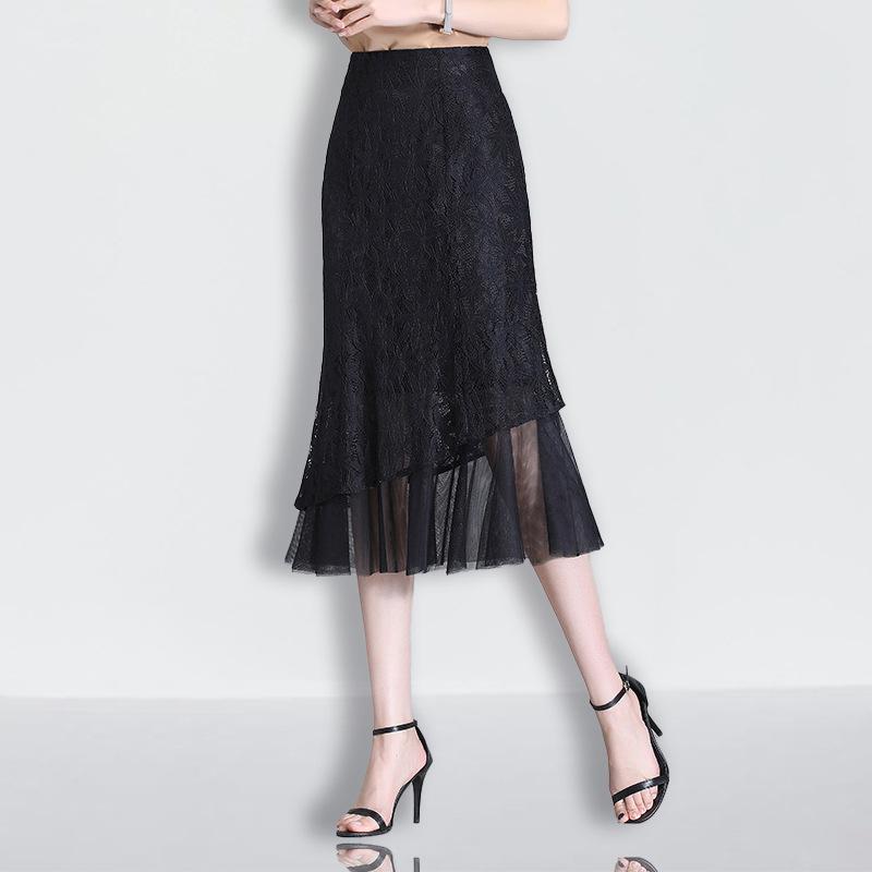 Юбка с кружевом и юбкой-рыбьим хвостом женская летняя черная юбка средней и длинной длины весенняя женская маленькая юбка на весну и осень высокая юбка на бедрах