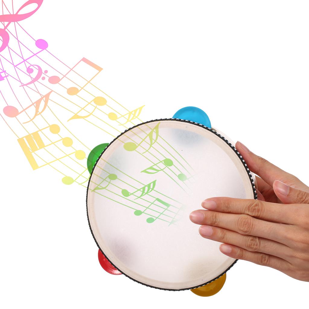 6 Inch Wooden Tambourine Handbell Hand Drum with Single Row 4pcs Metal Cymbals Jingles Musical Percussion Instrument
