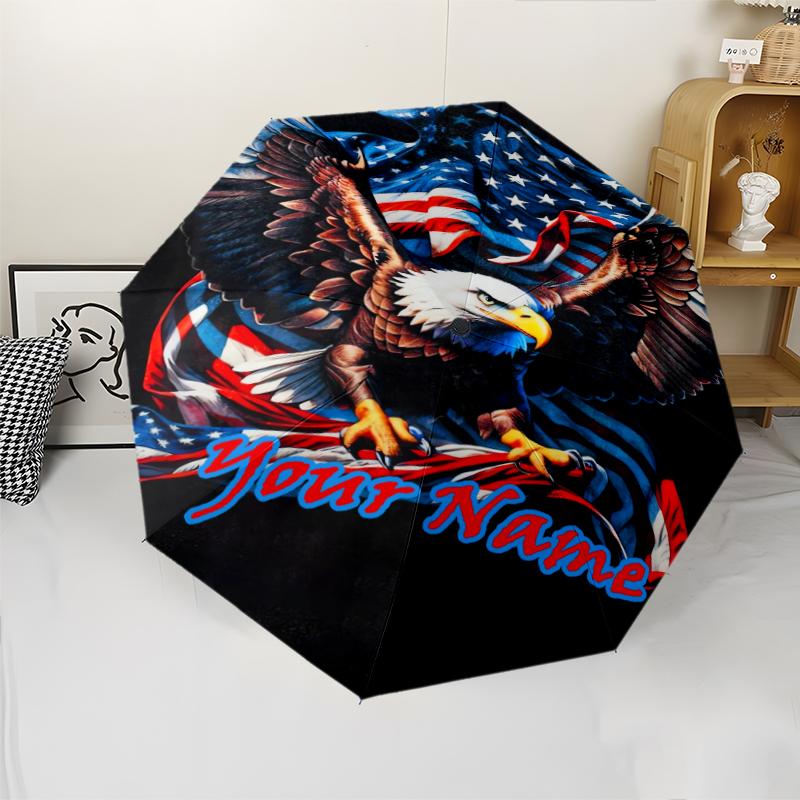 1PC Custom Name American Eagle Flag Art Automatic Folding Umbrella Compact Travel Umbrella for Men & Women, Ideal Gift for Christmas, Birthdays, Hallo