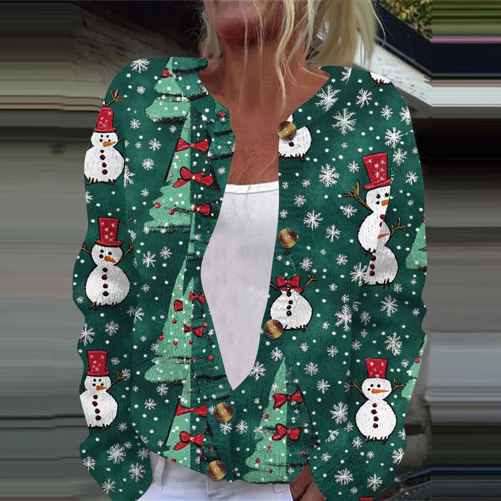 Женская мода рождественский принт длинный рукав вязаный кардиган пуховик