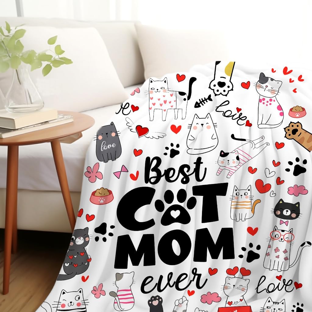 VIKAMA Cat Mom Blanket Just A Girl Who Loves Cats Blanket Gift For Animal Lovers Soft Flannel Pet-Patterned Blanket