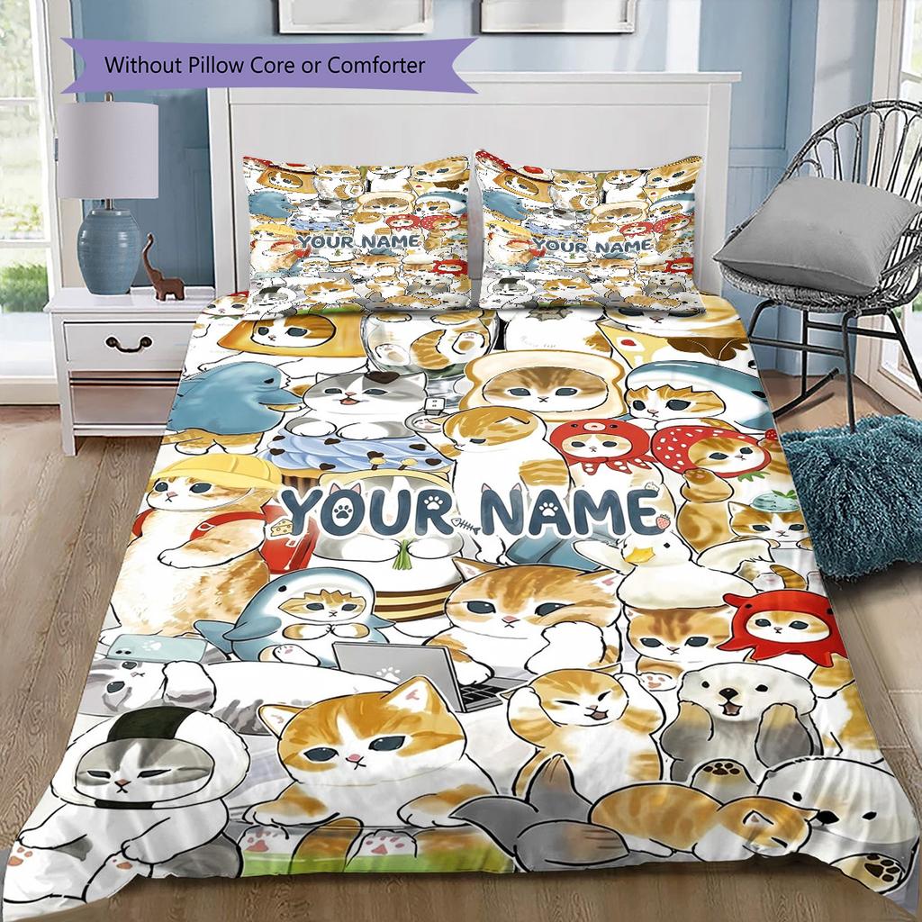 Bee Strawberry Cats Custom Name Pattern Bedding Quilt Set Quilt Cover Pillowcase Home Birthday Gift(1 * duvet cover + 2 * pillowcase, without core)