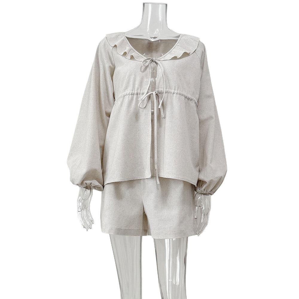 Повседневный осенний комплект в французском стиле, новая мода, хлопок и лен, V-образный вырез, топ с рукавами-буфами, шорты, комплект из двух предметов