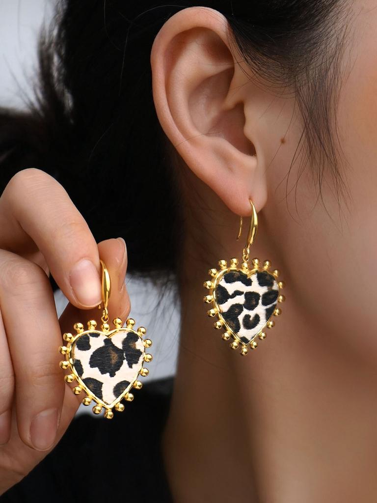 Нержавеющая сталь 18К позолота Любовь Конский волос Леопардовый принт Подвеска Серьги-пусеты Металлический стиль Серьги Элегантный циркон Подарки