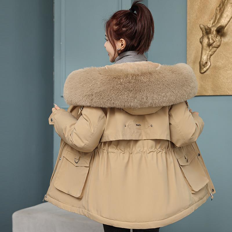 Женская осенне-зимняя однотонная теплая куртка с длинным рукавом и меховым воротником, карманное пальто