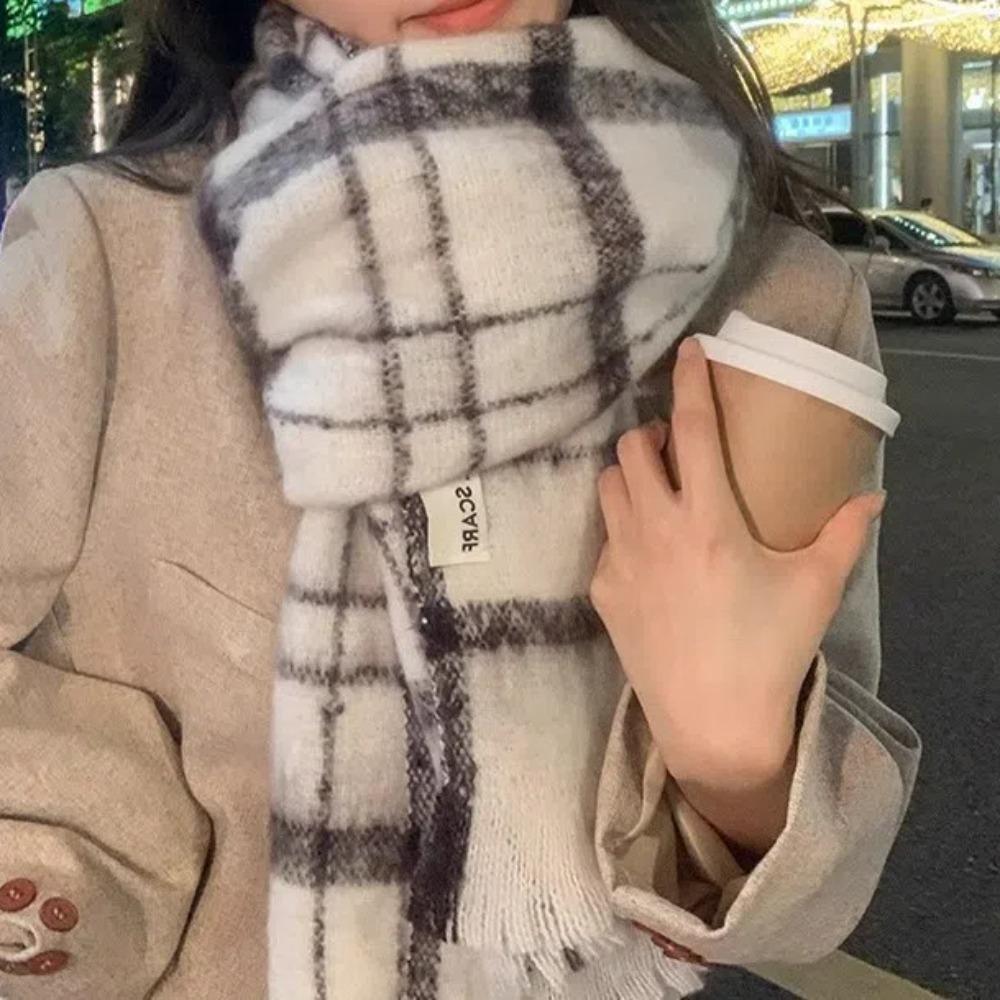 Длинный клетчатый вязаный шарф Теплая шаль с кисточками Корейский стиль Унисекс Утепленный шарф Зима