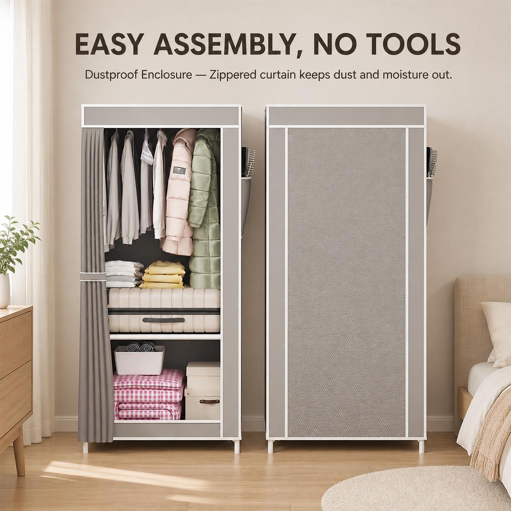 Non-Woven Fabric Wardrobe with Reinforced Steel Frame, Dustproof Zippered Enclosure, Multi-Compartment Storage, Easy Assembly